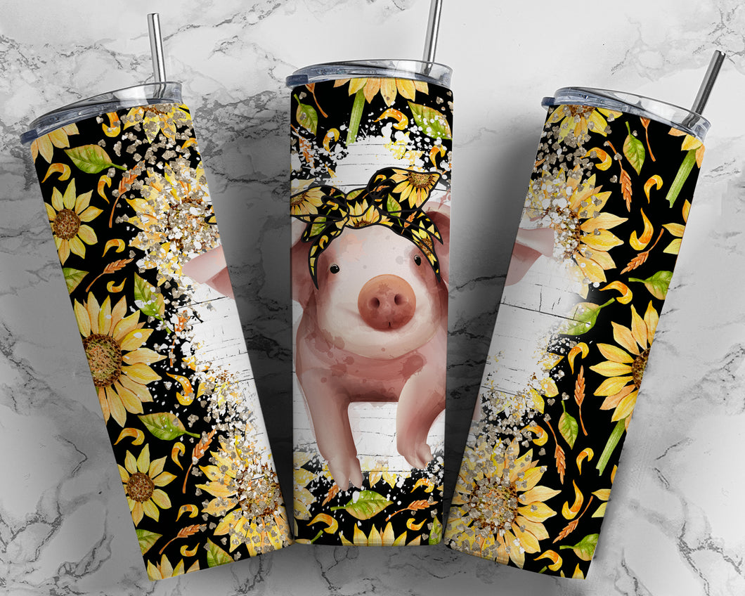 Cute Baby Pig with Sunflowers